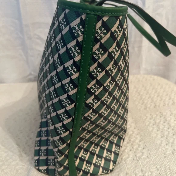 Tory Burch Green Navy Cream Geometric Print Tote - Picture 3 of 7
